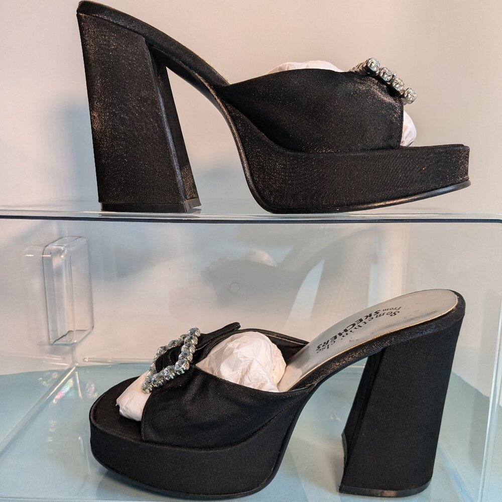 Vintage Chunky Heel Shimmer Black Platform Skechers Rhinestone Buckle Heels - Picture 2 of 16